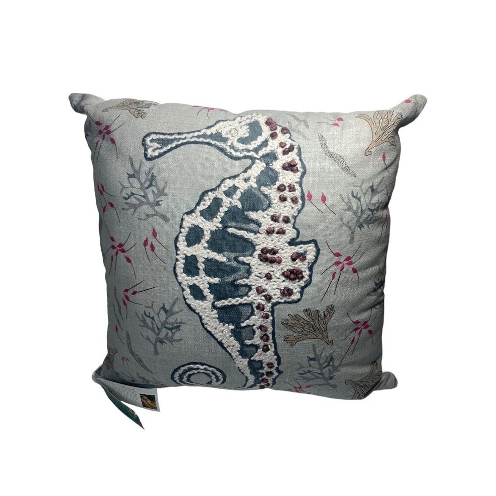 Celerie Kemble Pearl Seahorse Textured Stitch Throw Pillow 18” Beach Nautical